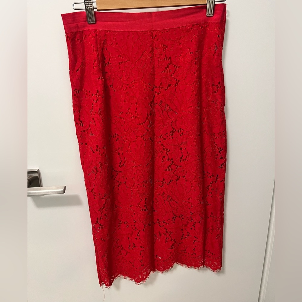 H&M Bright Red Lace Midi Skirt, Size 8